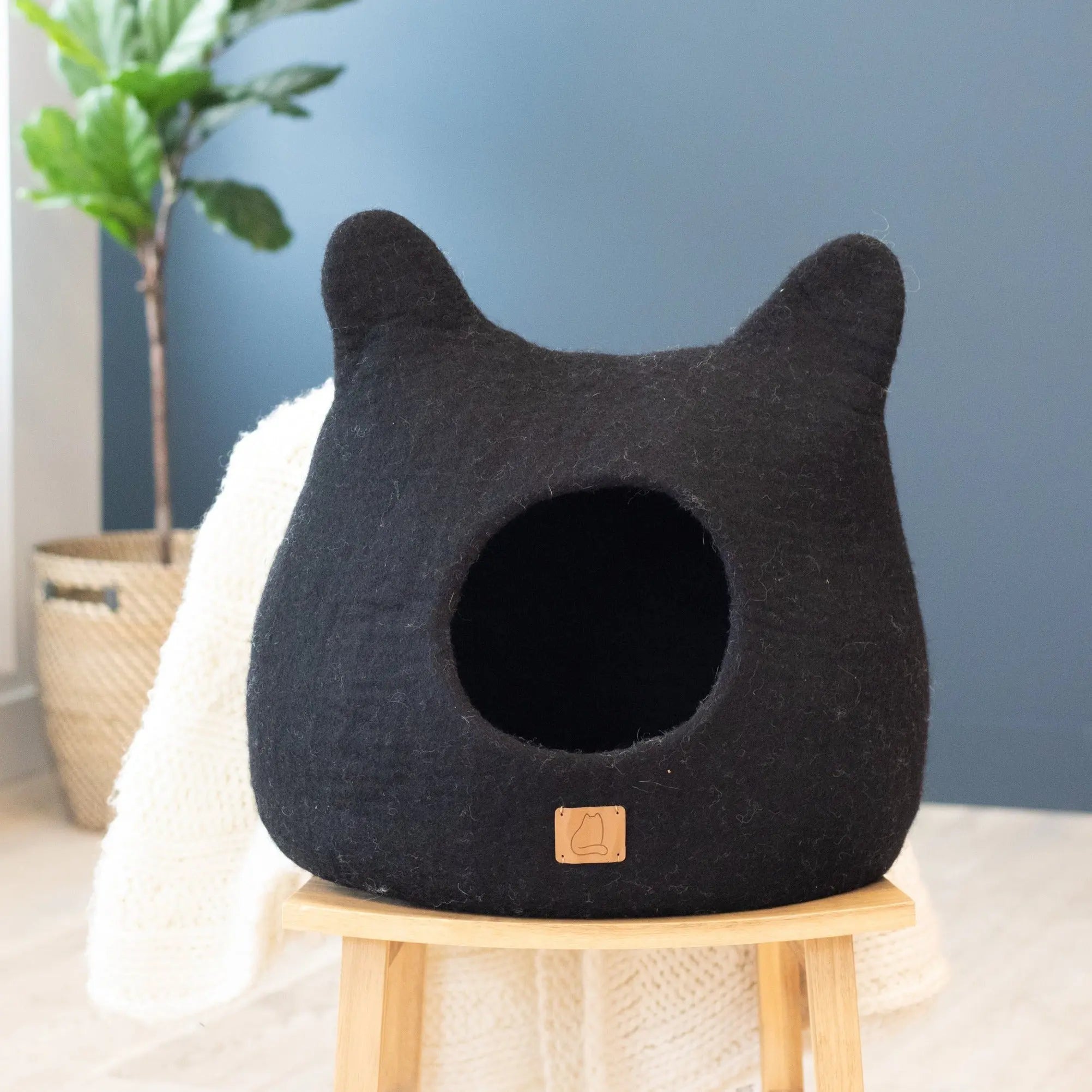 Whimsical Cat Ear Cave Bed - Felted Wool Hideout for Playful Kitties - Beige Tethys