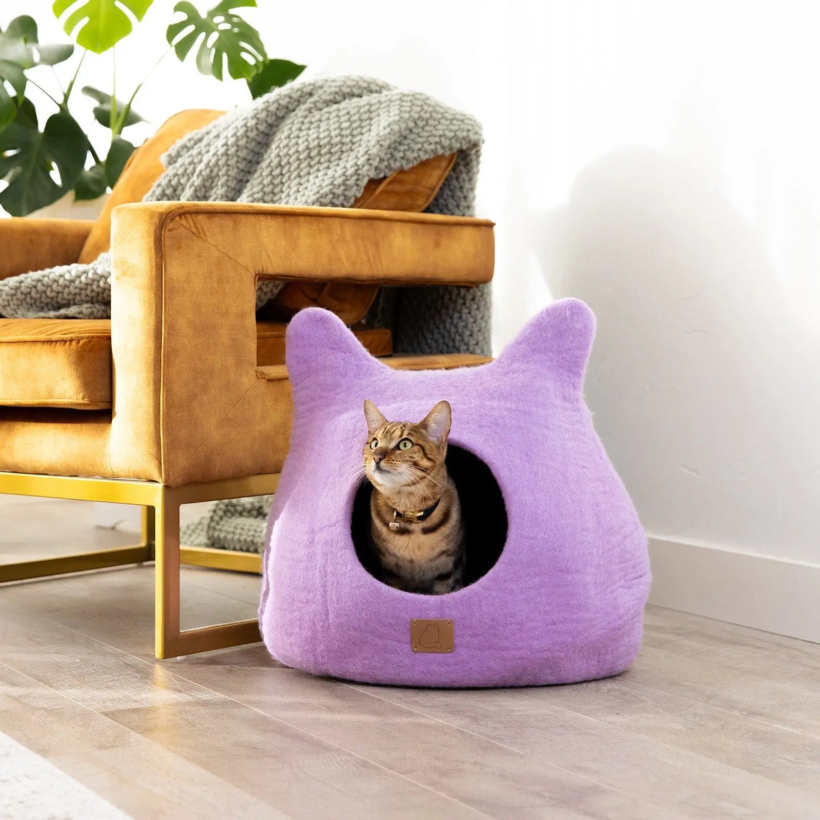 Whimsical Cat Ear Cave Bed - Felted Wool Hideout for Playful Kitties - Beige Tethys