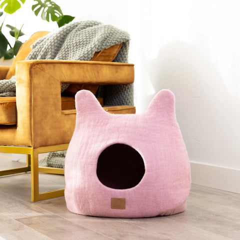 Whimsical Cat Ear Cave Bed - Felted Wool Hideout for Playful Kitties - Beige Tethys