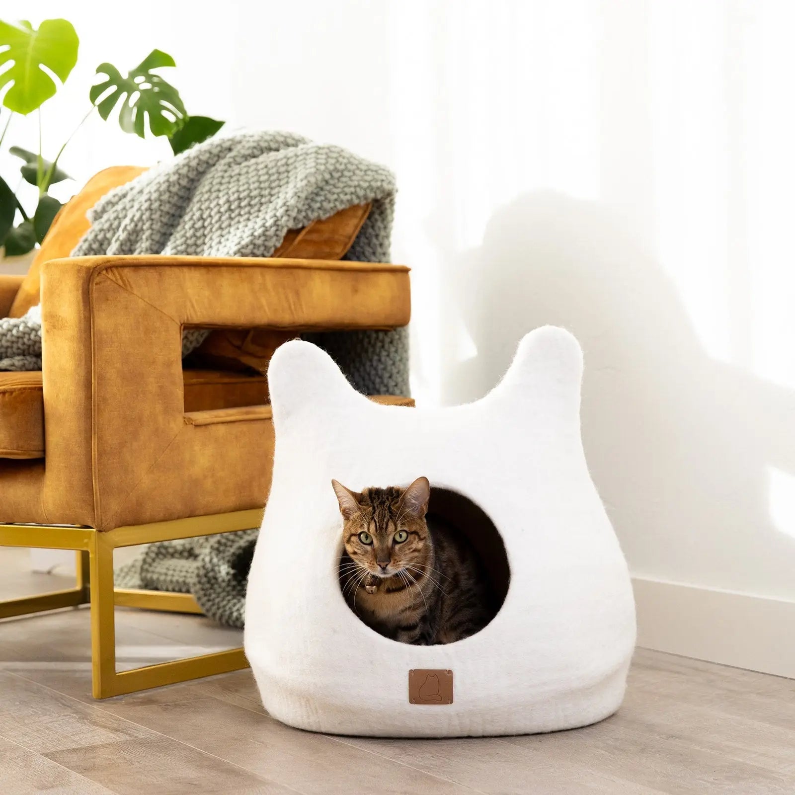 Whimsical Cat Ear Cave Bed - Felted Wool Hideout for Playful Kitties - Beige Tethys