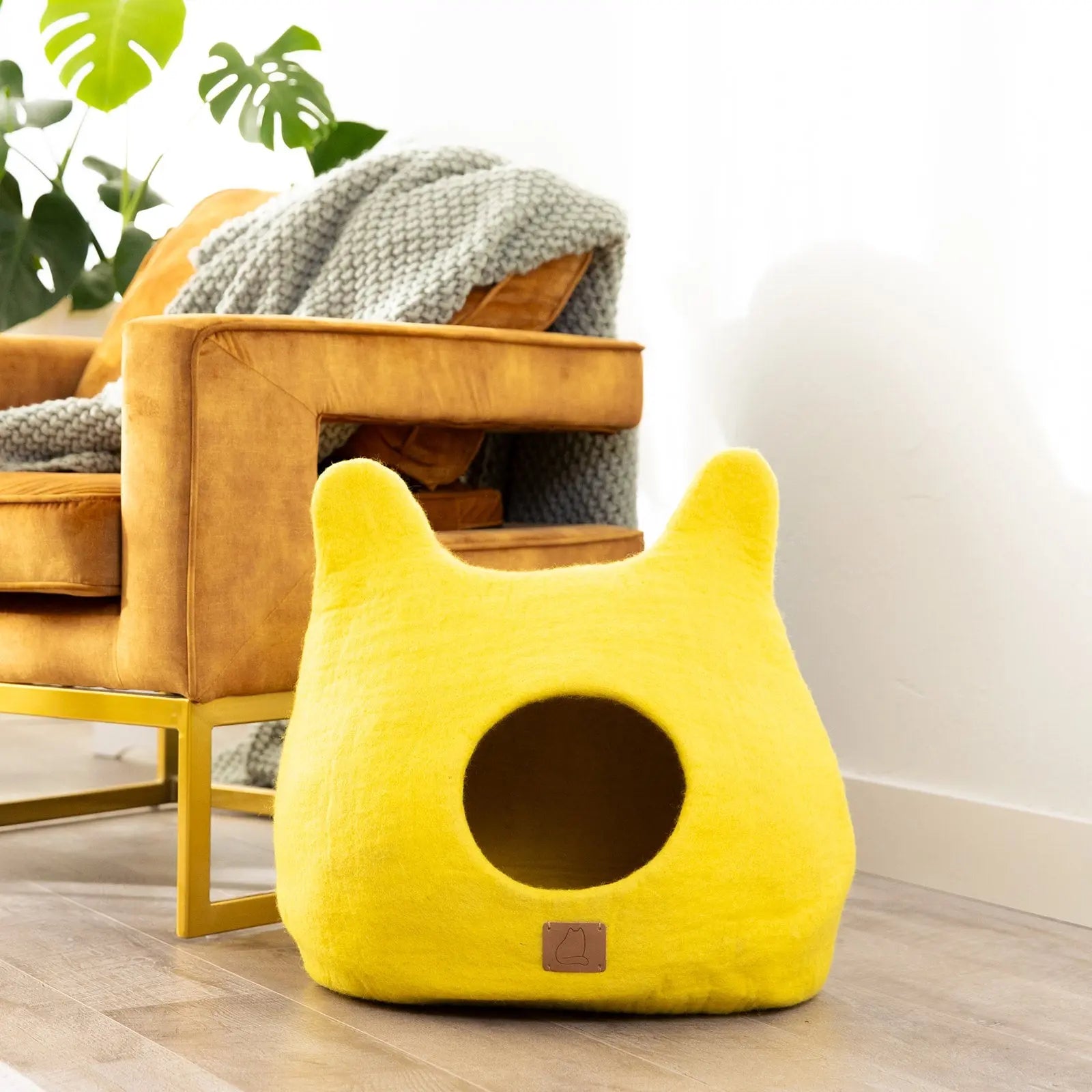 Whimsical Cat Ear Cave Bed - Felted Wool Hideout for Playful Kitties - Beige Tethys