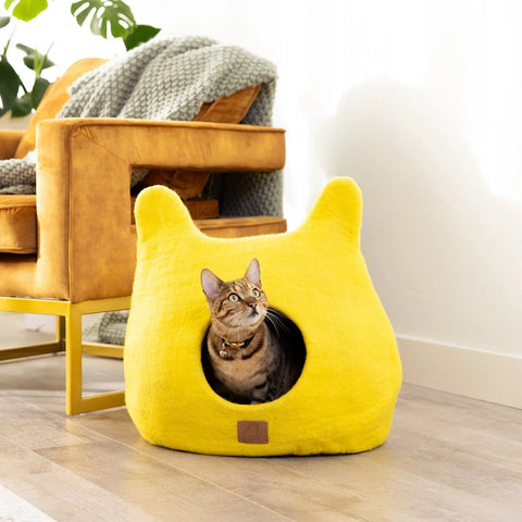 Whimsical Cat Ear Cave Bed - Felted Wool Hideout for Playful Kitties - Beige Tethys