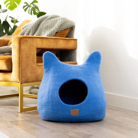 Whimsical Cat Ear Cave Bed - Felted Wool Hideout for Playful Kitties - Beige Tethys