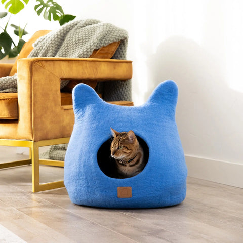 Whimsical Cat Ear Cave Bed - Felted Wool Hideout for Playful Kitties - Beige Tethys