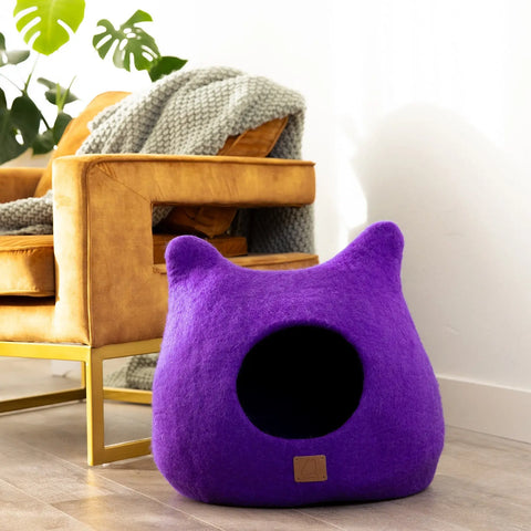 Whimsical Cat Ear Cave Bed - Felted Wool Hideout for Playful Kitties - Beige Tethys