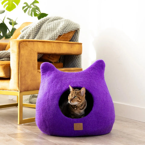 Whimsical Cat Ear Cave Bed - Felted Wool Hideout for Playful Kitties - Beige Tethys