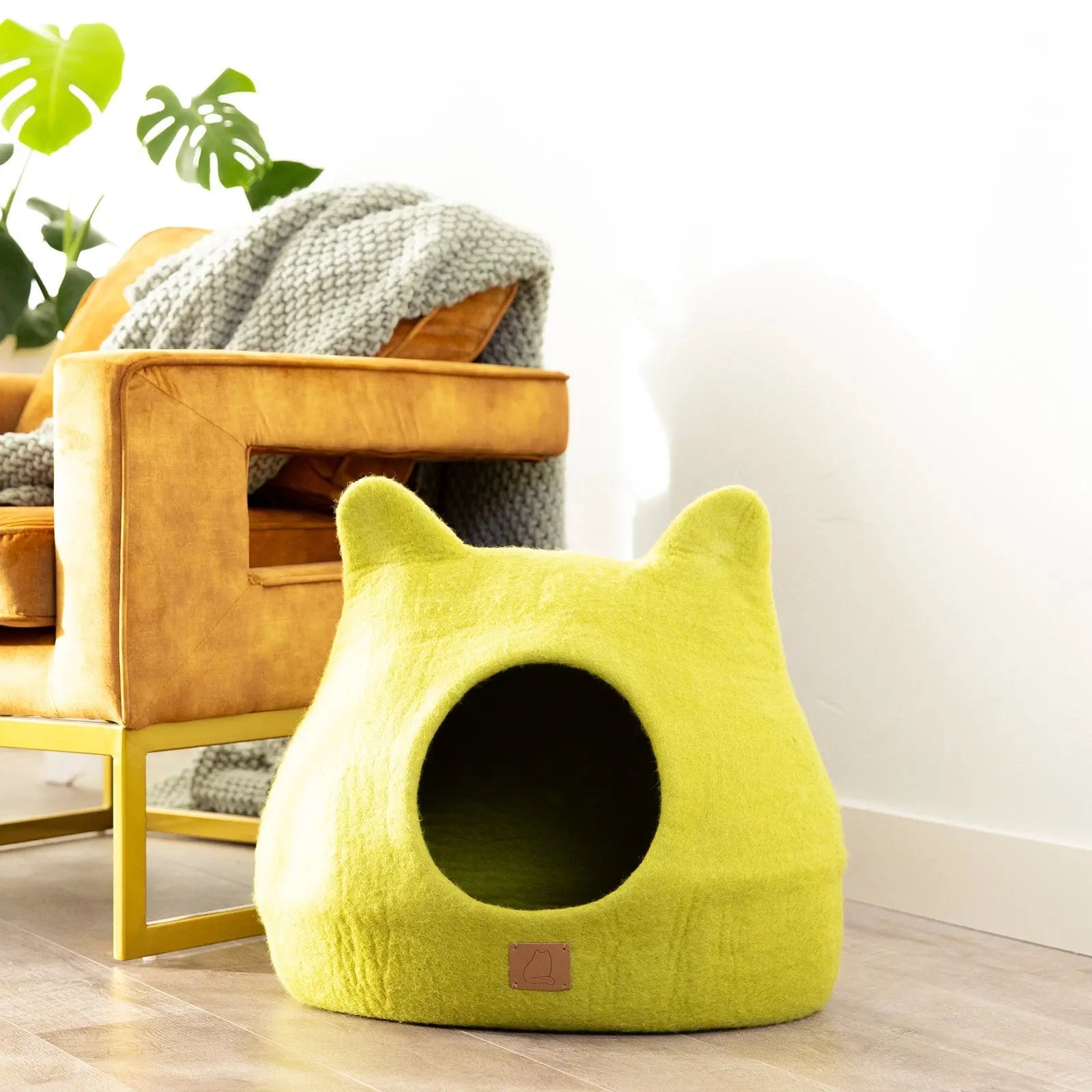 Whimsical Cat Ear Cave Bed - Felted Wool Hideout for Playful Kitties - Beige Tethys