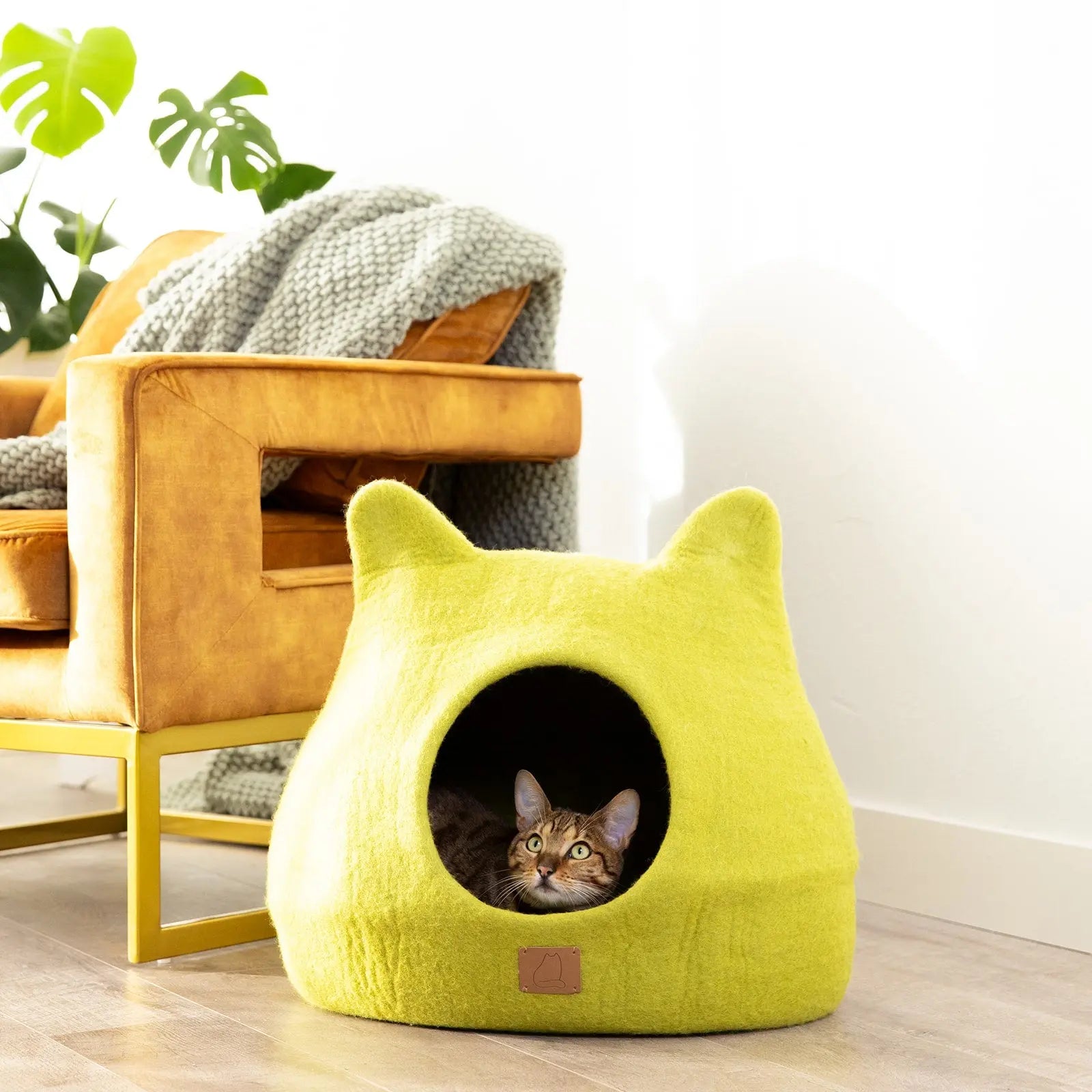 Whimsical Cat Ear Cave Bed - Felted Wool Hideout for Playful Kitties - Beige Tethys