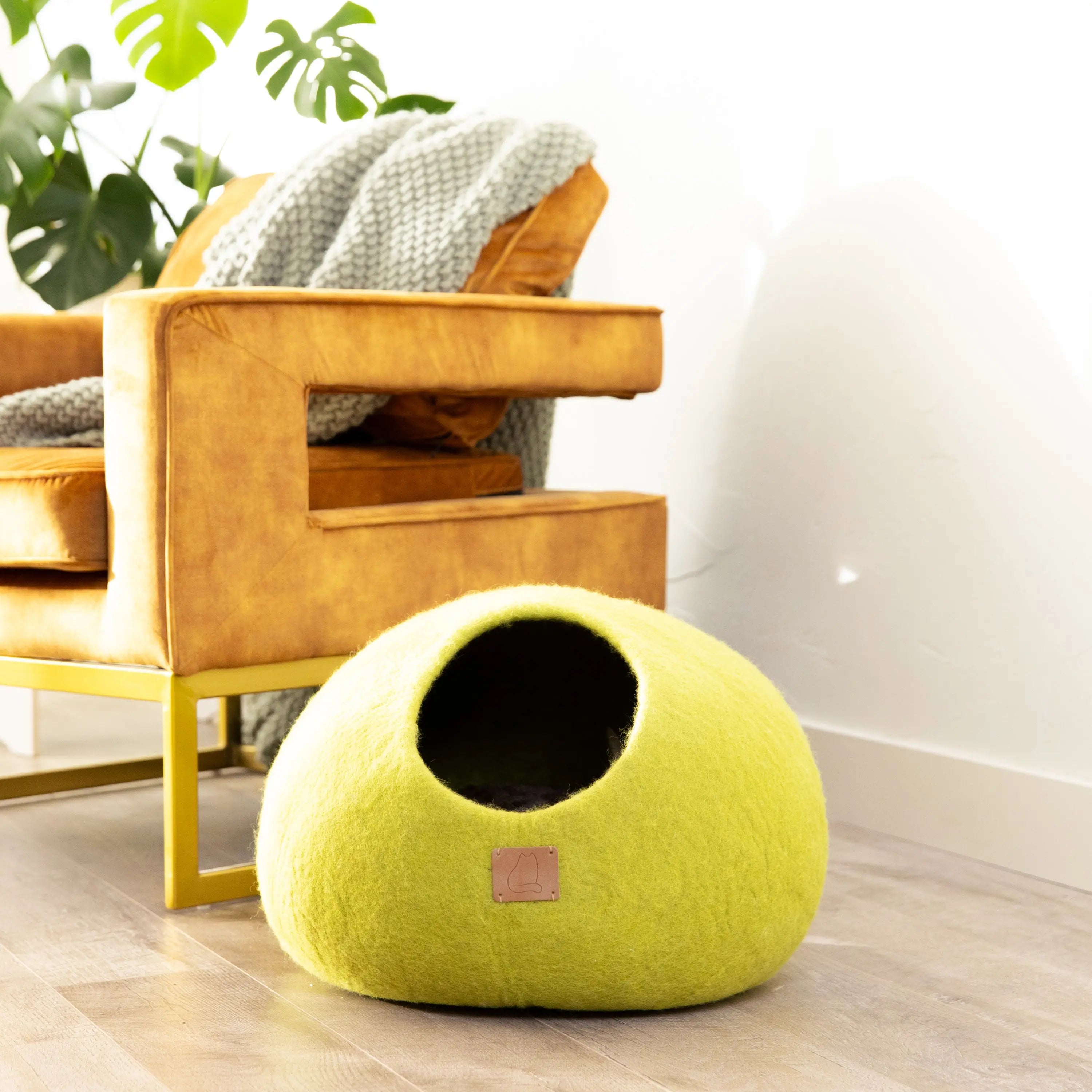 Premium Felted Wool Cat Cave Bed - Cozy Peekaboo Round Cave for Large Beige Tethys