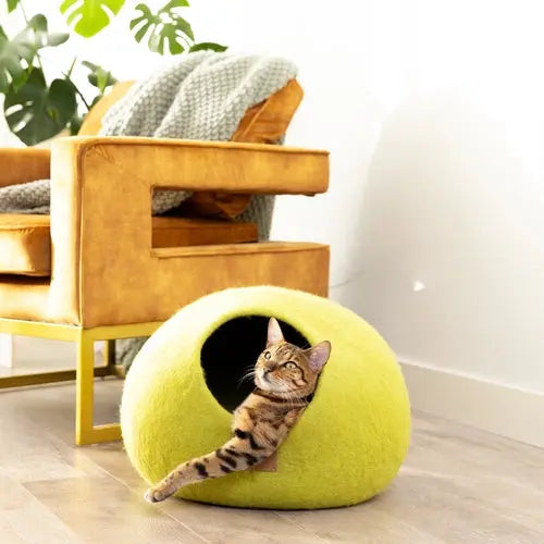 Premium Felted Wool Cat Cave Bed - Cozy Peekaboo Round Cave for Large Beige Tethys