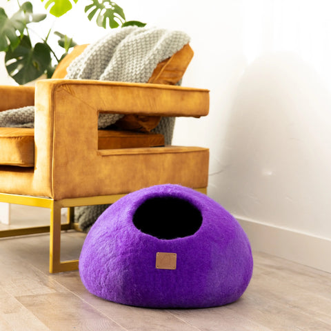 Premium Felted Wool Cat Cave Bed - Cozy Peekaboo Round Cave for Large Beige Tethys