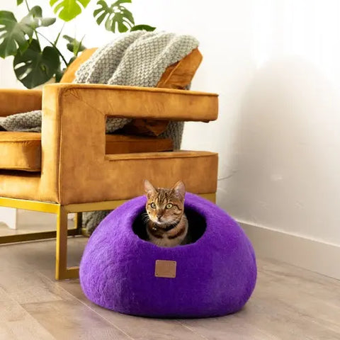 Premium Felted Wool Cat Cave Bed - Cozy Peekaboo Round Cave for Large Beige Tethys