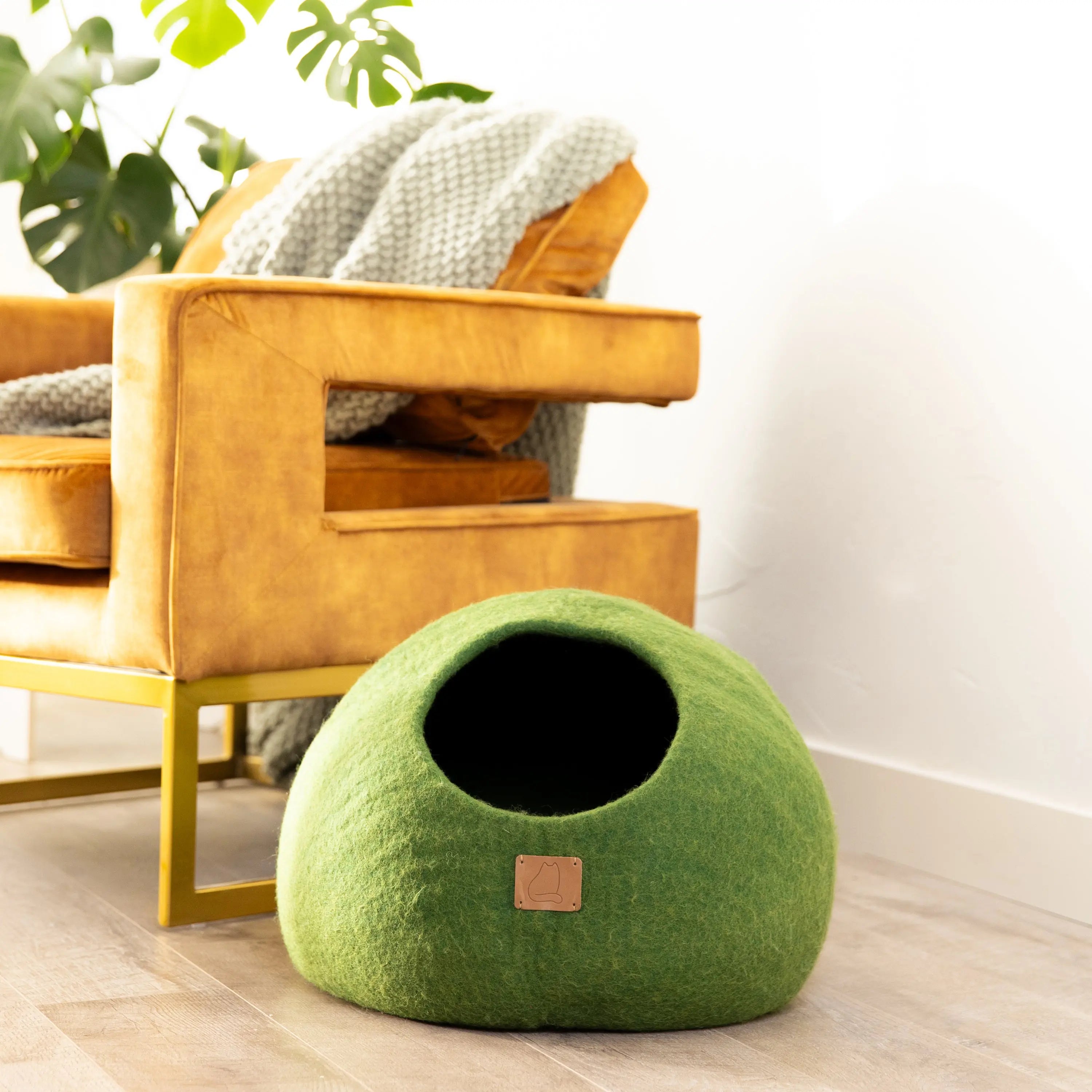 Premium Felted Wool Cat Cave Bed - Cozy Peekaboo Round Cave for Large Beige Tethys