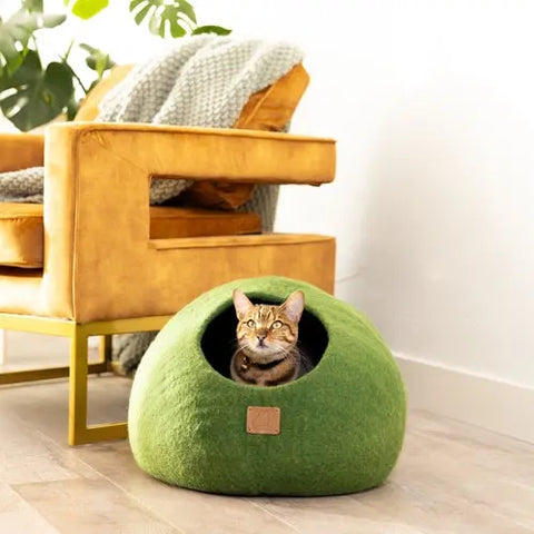 Premium Felted Wool Cat Cave Bed - Cozy Peekaboo Round Cave for Large Beige Tethys