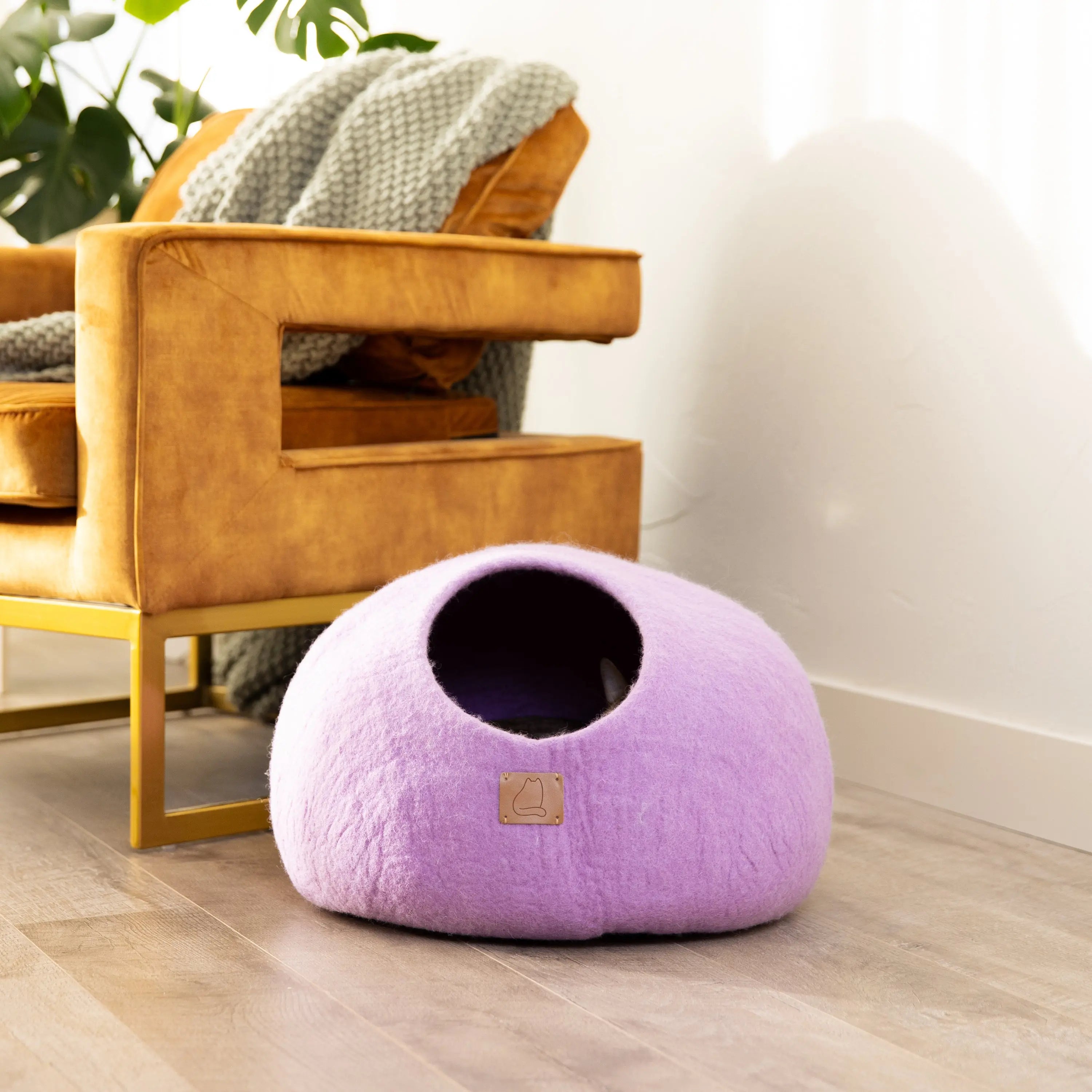 Premium Felted Wool Cat Cave Bed - Cozy Peekaboo Round Cave for Large Beige Tethys