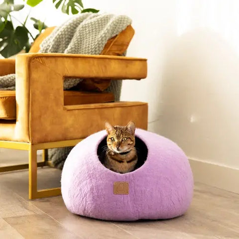 Premium Felted Wool Cat Cave Bed - Cozy Peekaboo Round Cave for Large Beige Tethys