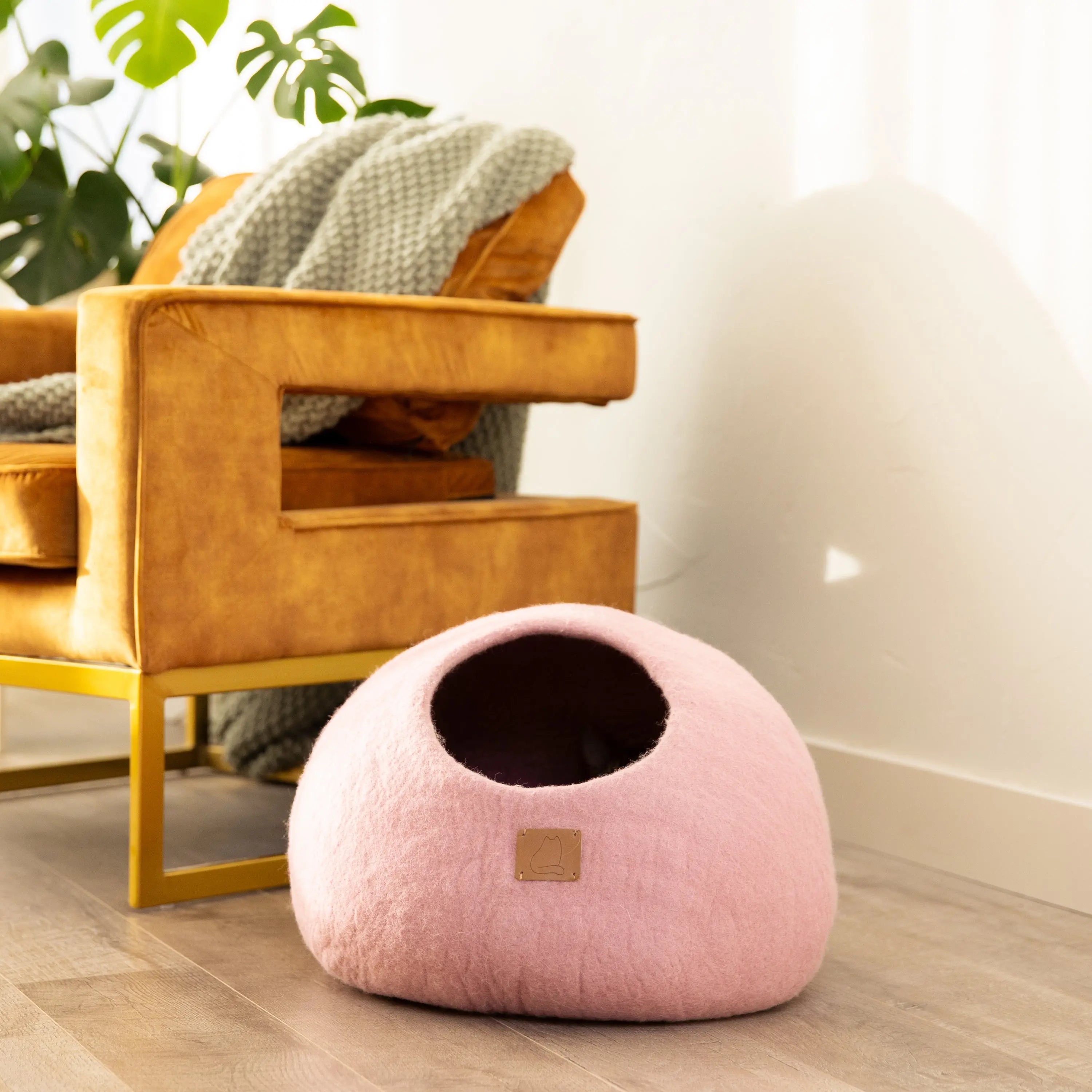 Premium Felted Wool Cat Cave Bed - Cozy Peekaboo Round Cave for Large Beige Tethys