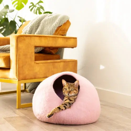 Premium Felted Wool Cat Cave Bed - Cozy Peekaboo Round Cave for Large Beige Tethys