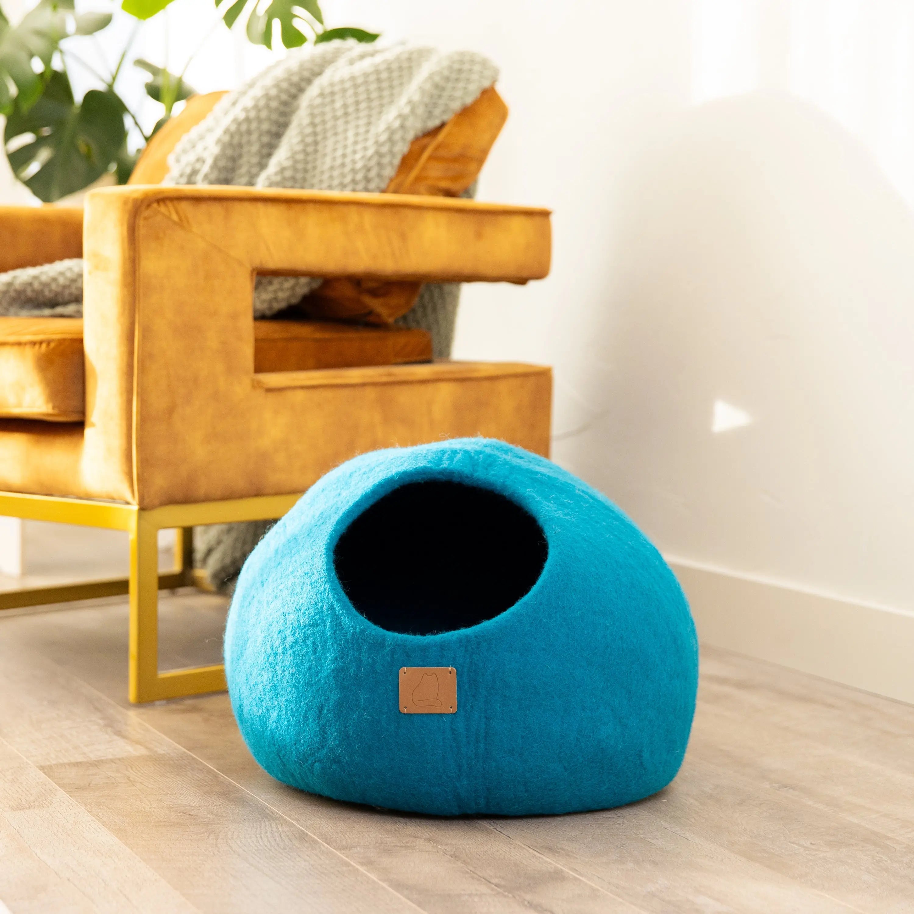 Premium Felted Wool Cat Cave Bed - Cozy Peekaboo Round Cave for Large Beige Tethys