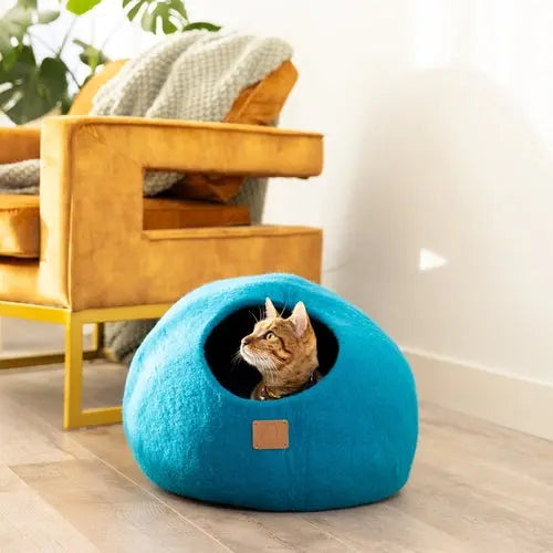 Premium Felted Wool Cat Cave Bed - Cozy Peekaboo Round Cave for Large Beige Tethys