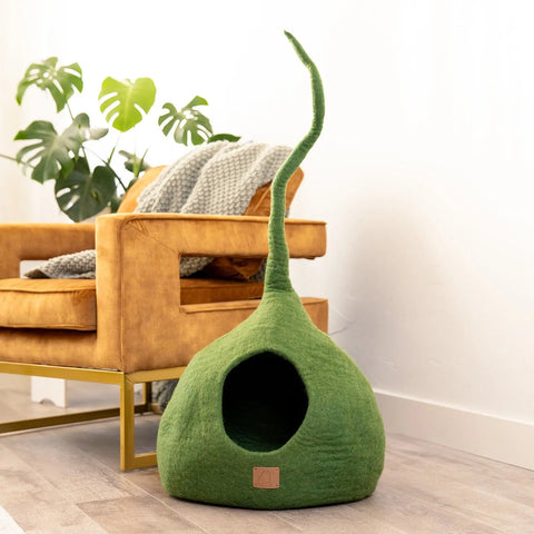 Deluxe Handcrafted Felt Cat Cave With Tail - Spacious & Stylish Beige Tethys