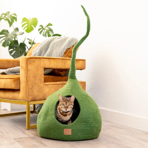 Deluxe Handcrafted Felt Cat Cave With Tail - Spacious & Stylish Beige Tethys