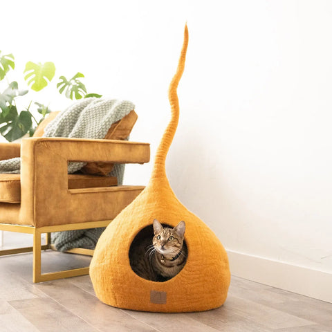 Deluxe Handcrafted Felt Cat Cave With Tail - Spacious & Stylish Beige Tethys