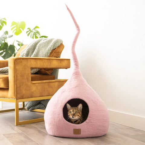 Deluxe Handcrafted Felt Cat Cave With Tail - Spacious & Stylish Beige Tethys