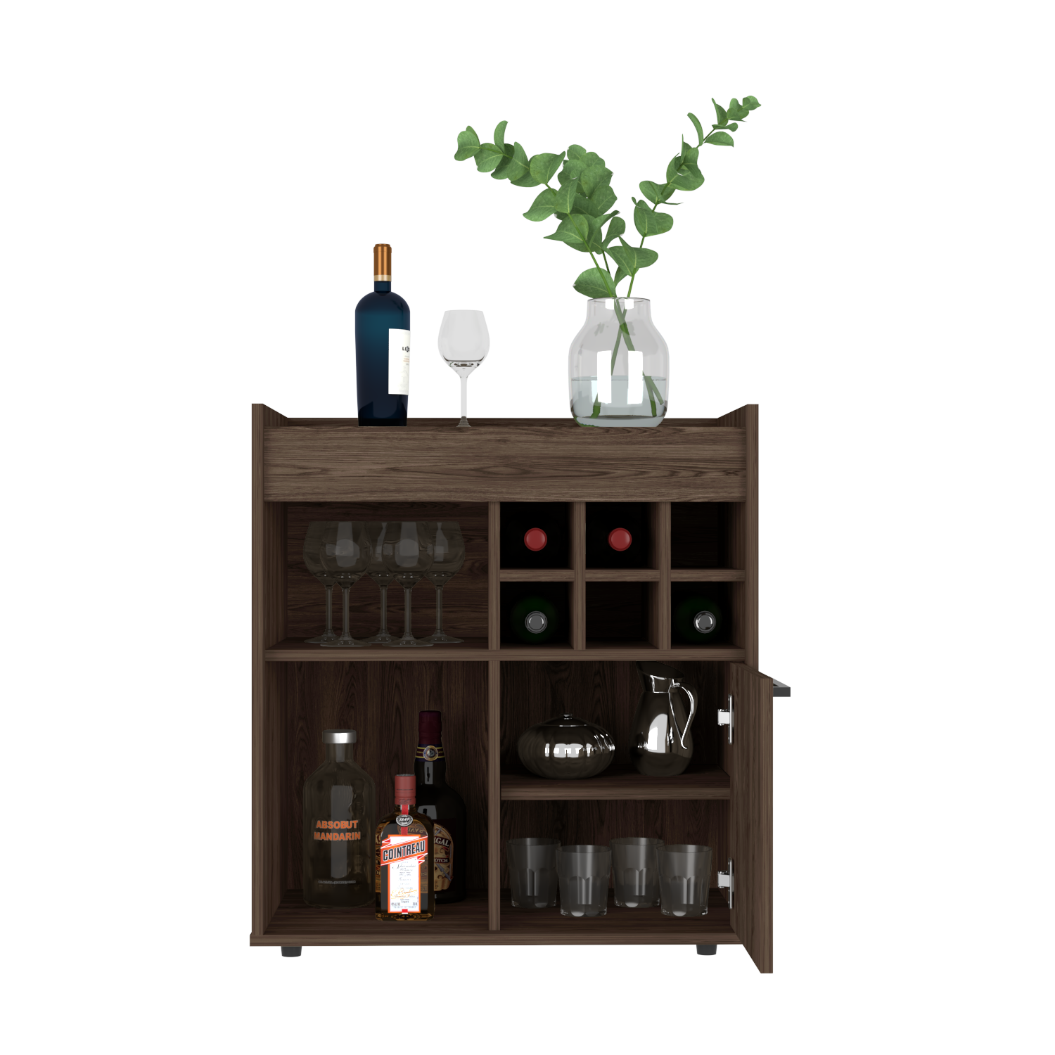 Bar Cabinet Dext, Two Concealed Shelves, Six Wine Cubbies, Dark Walnut