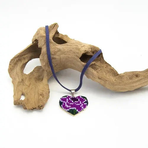 Ocosingo Heart Embroidered Necklace. Violet Athena