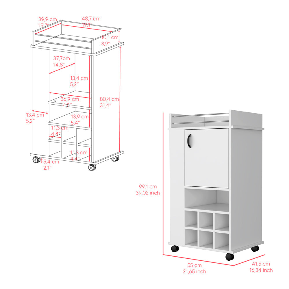 Bar Cart with Casters Reese, Six Wine Cubbies and Single Door, White