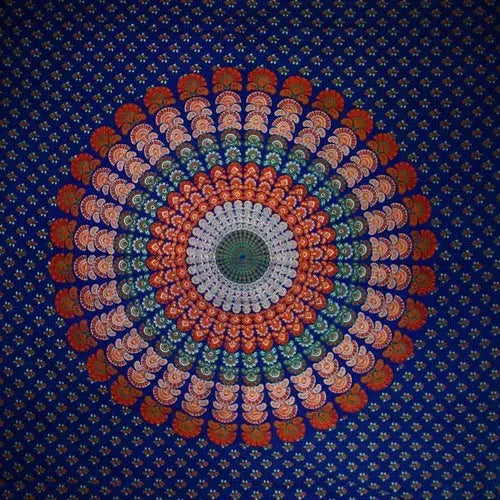 Navy Blue Peacock Dance Mandala Tapestry Silver Hestia