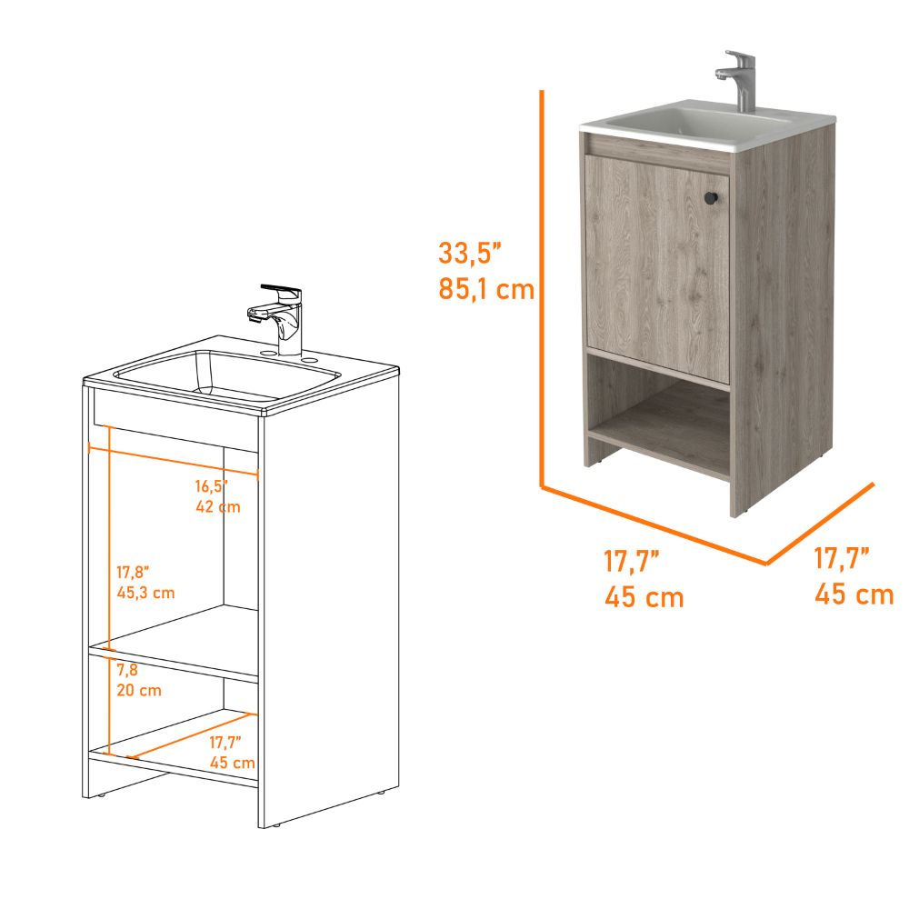 Bathroom Vanity Poket, Single Door Cabinet, Two Shelves, Light Gray