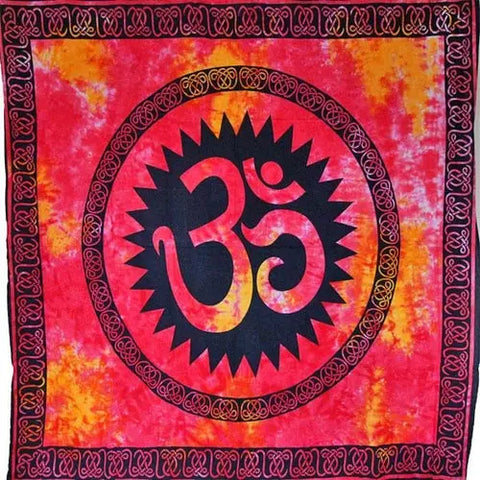 Red & Saffron Om Shanti Tie Dye Art Tapestry Silver Hestia