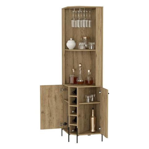 Corner Bar Cabinet Shopron, Two Shelves, Five Wine Cubbies, Aged Oak
