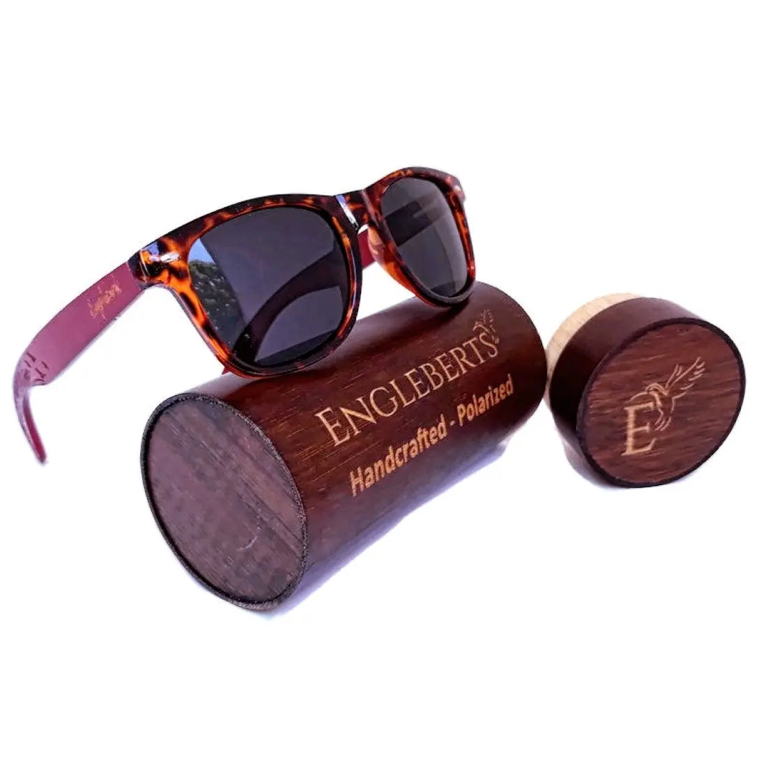 Red Bamboo Tortoise Framed Sunglasses With Wood Case, Artisan Engraved Purple Ariadne