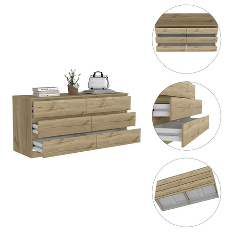 6 Drawer Double Dresser Tronx, Superior Top, Light Oak / White Finish