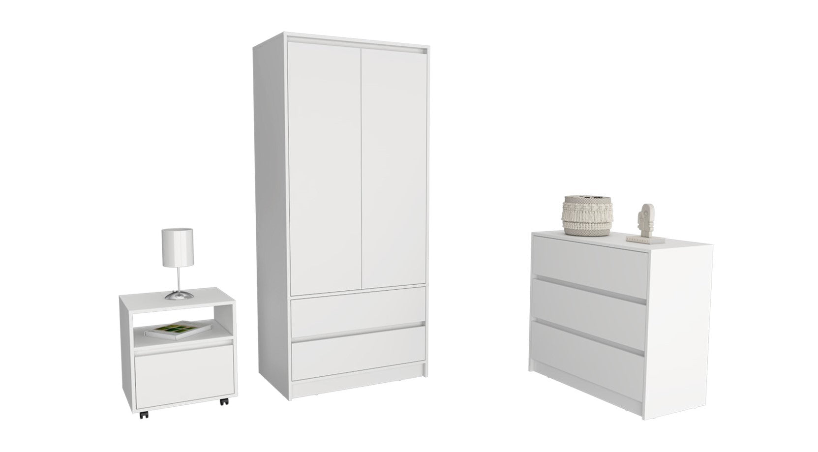 Beloit 3 Piece Bedroom Set, Nightstand + Dresser+ Armoire, White