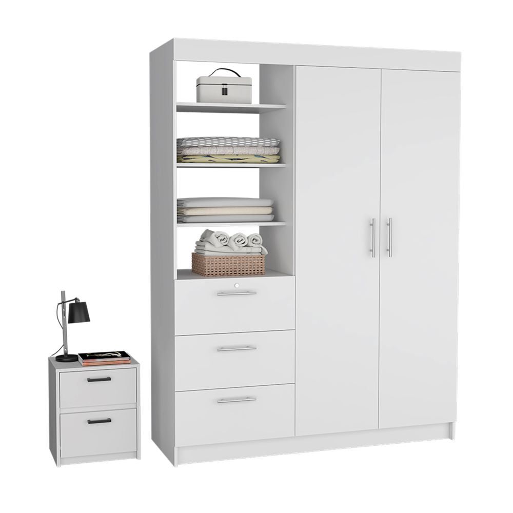 Karval 2 Piece Bedroom Set, Armoire + Nightstand, White Finish