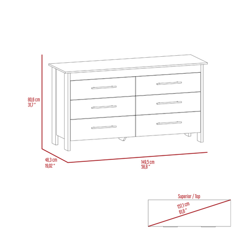 6 Drawer Double Dresser Wezz, Four Legs, Superior Top, Light Gray