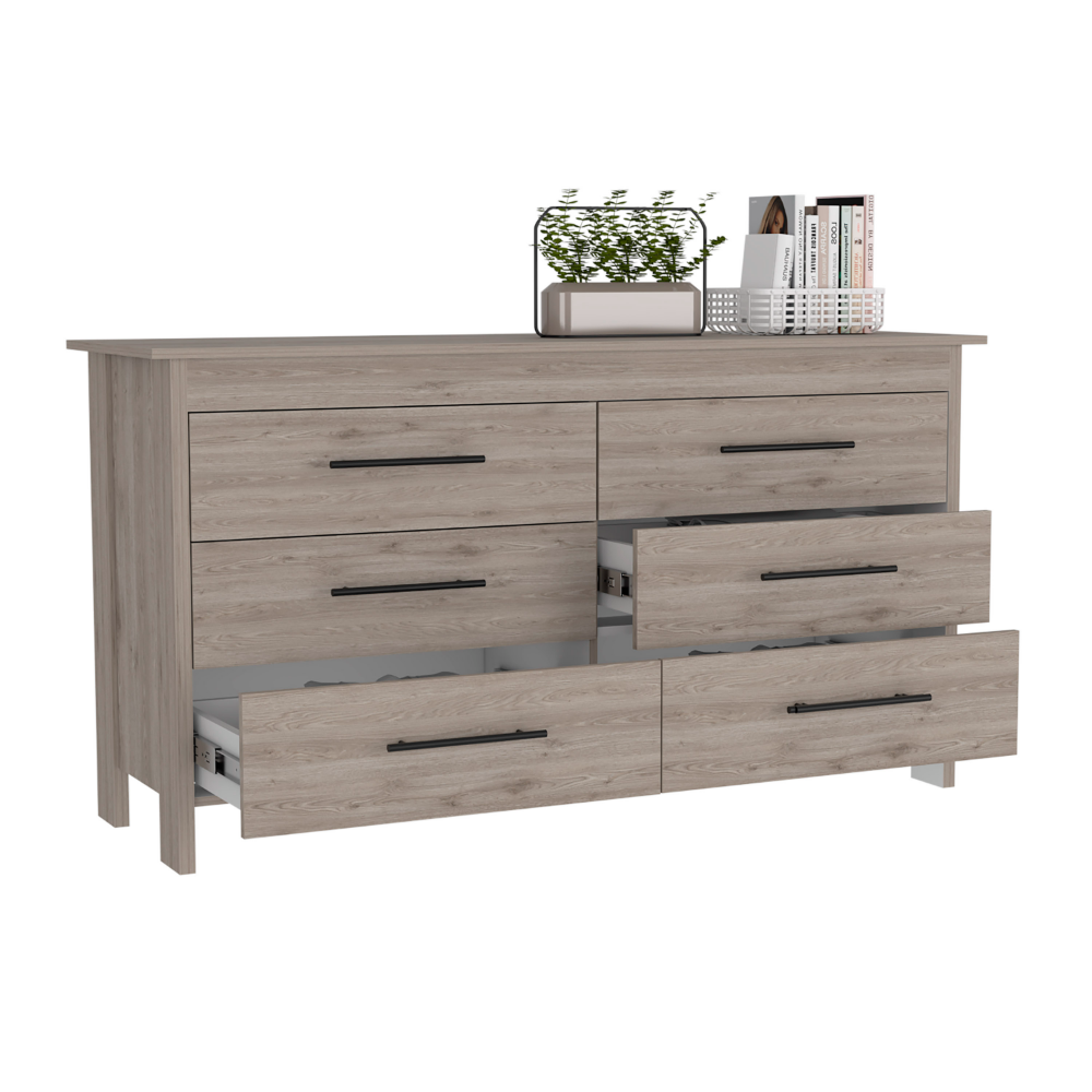 6 Drawer Double Dresser Wezz, Four Legs, Superior Top, Light Gray