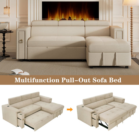 96" Multi-Functional Pull-Out Sofa Bed L-Shape Sectional Sofa with