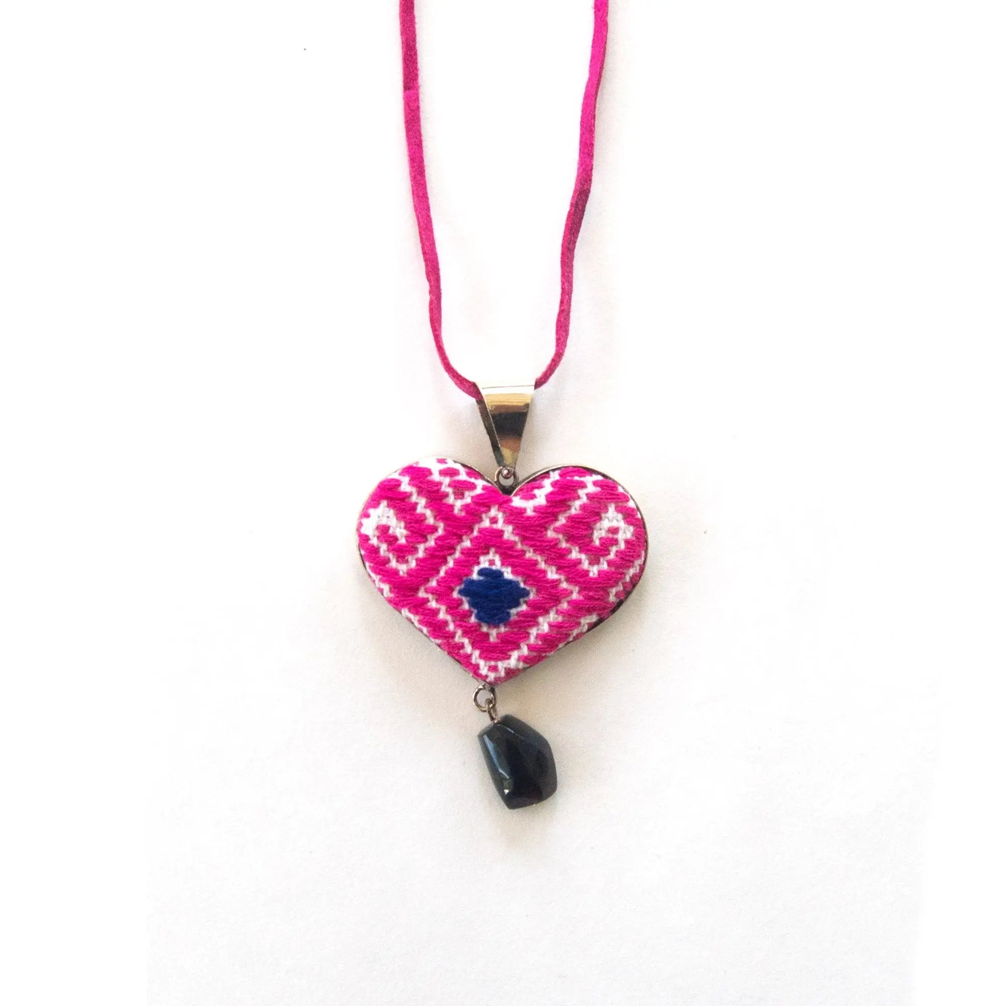 San Andres Pink Heart Textile Necklace with Hanging Stone Violet Athena