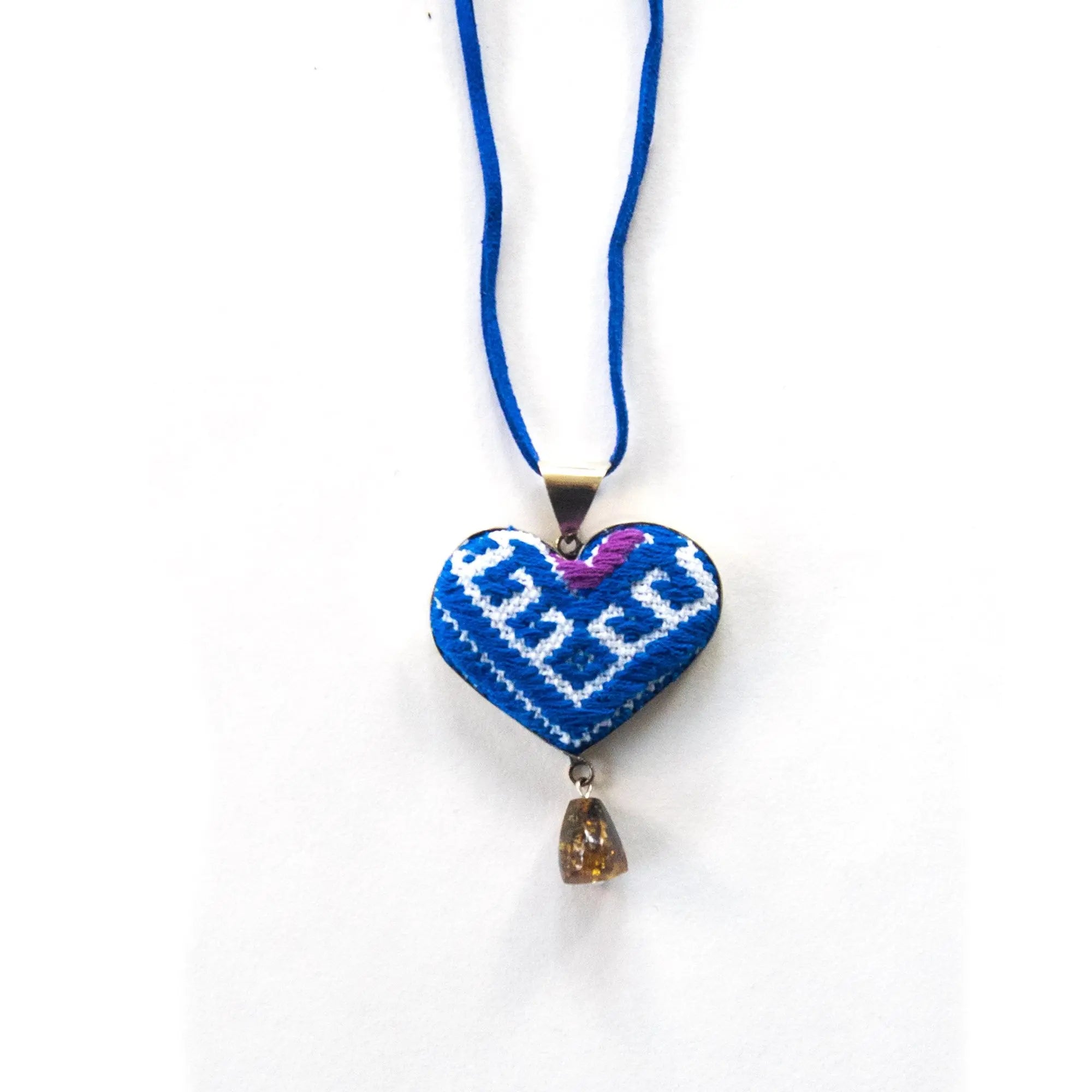 San Andres Blue Heart Textile Necklace with Amber Stone Violet Athena