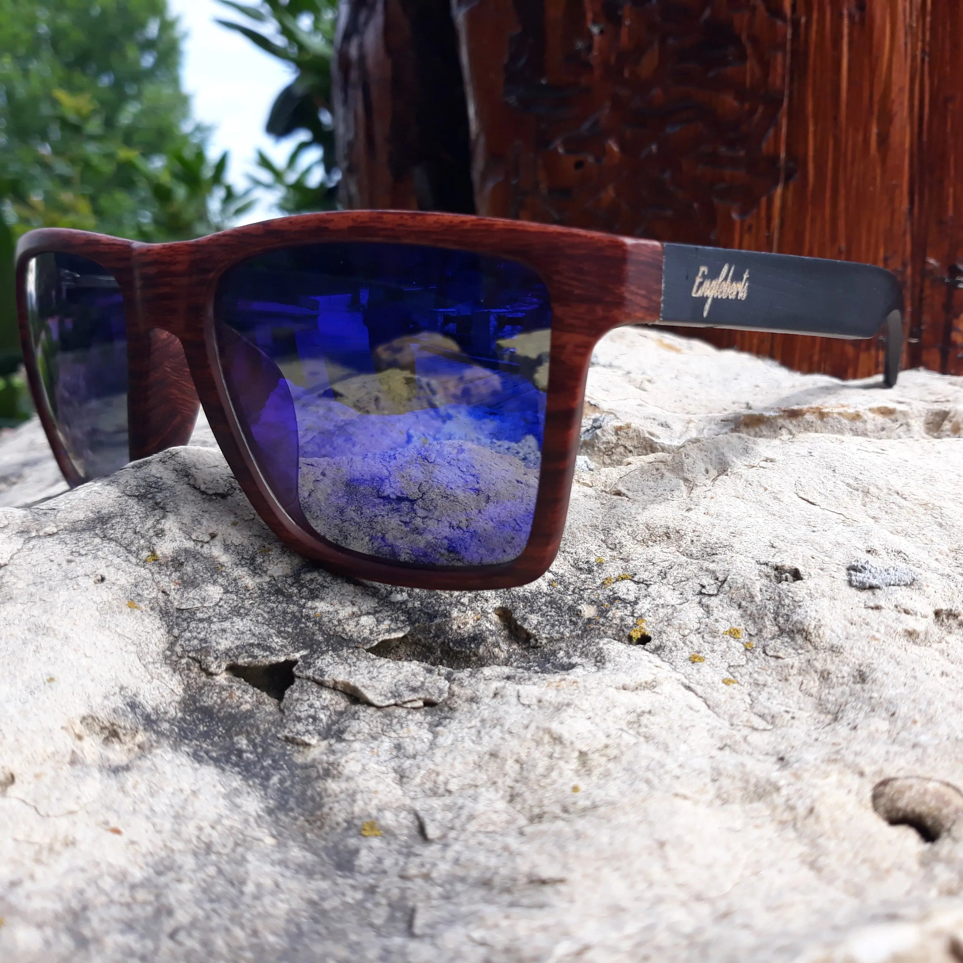 Oak Colored Frames, Bamboo Sunglasses, Blue Polarized Lenses with Case Purple Ariadne