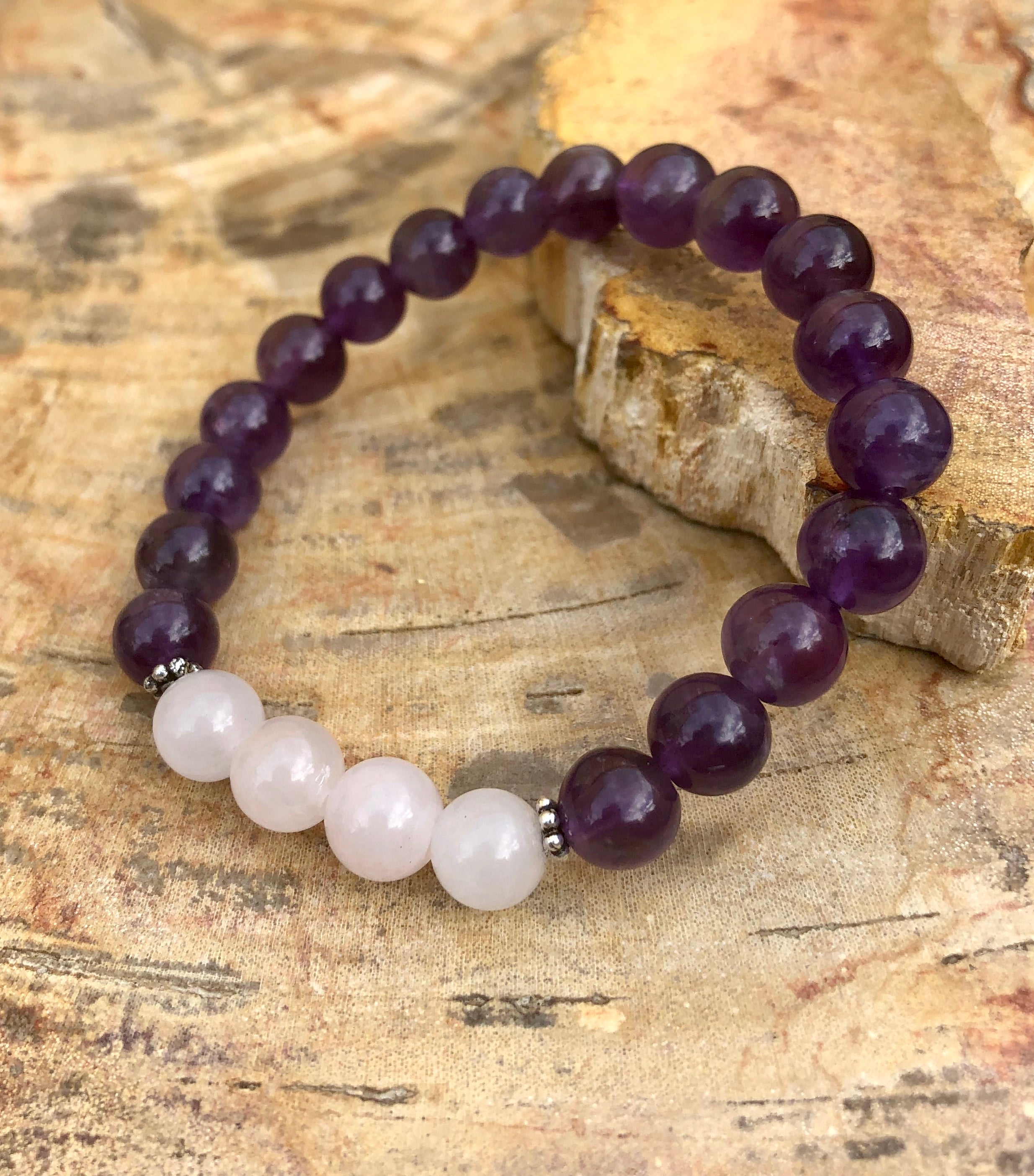 Amethyst & Rose Quartz Stretch Bracelet! Natural Crystals! Violet Chaos