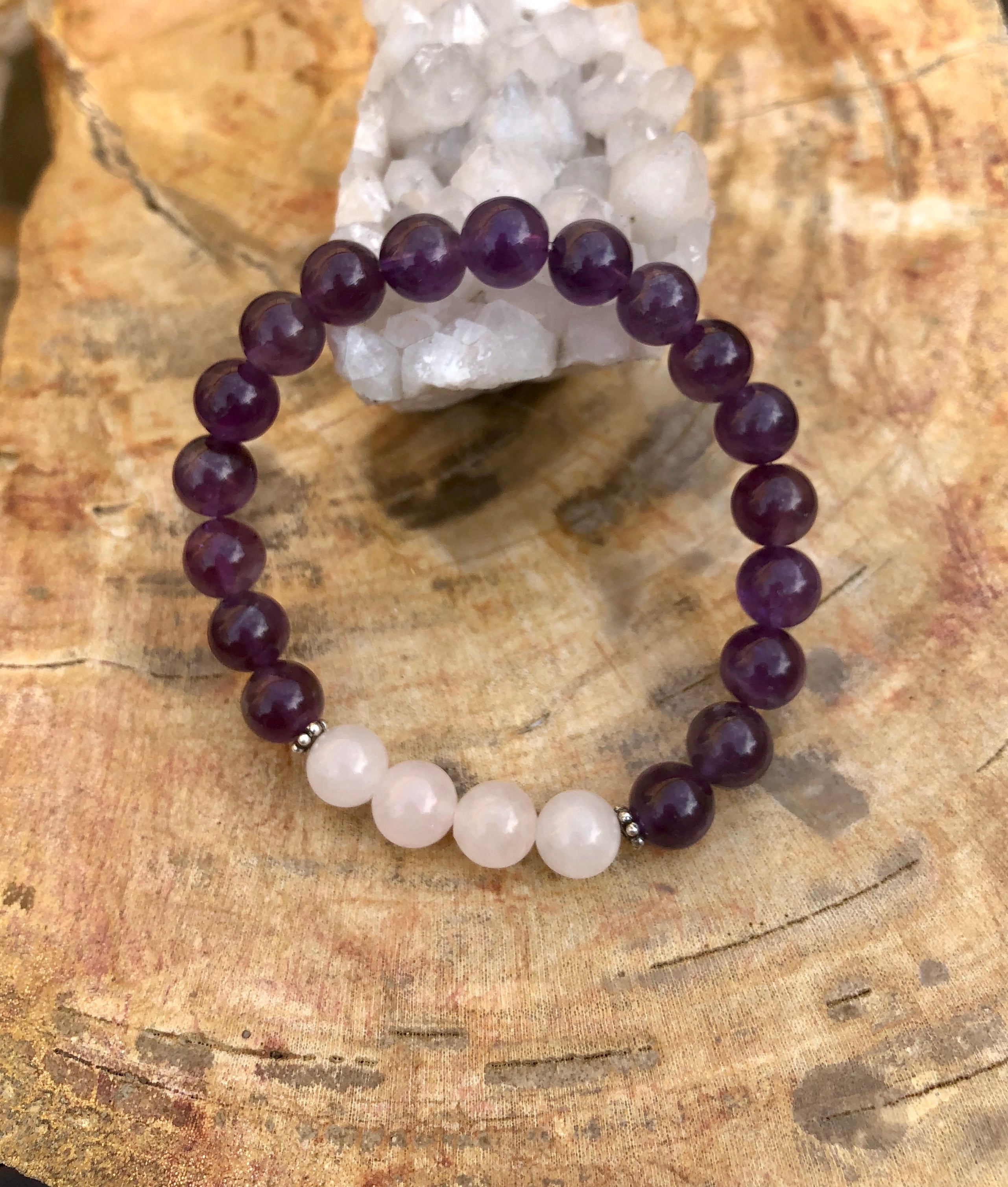 Amethyst & Rose Quartz Stretch Bracelet! Natural Crystals! Violet Chaos