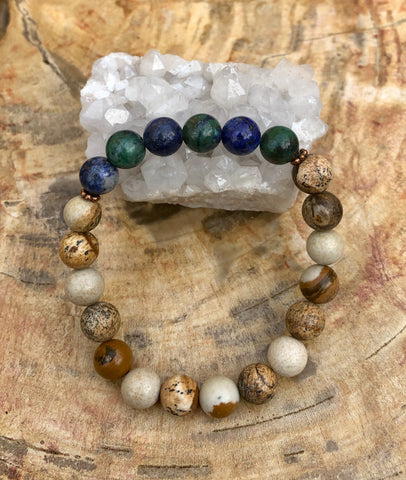 Malachite Chrysocolla & Picture Jasper Stretch Bracelet! Natural Gems! Violet Chaos