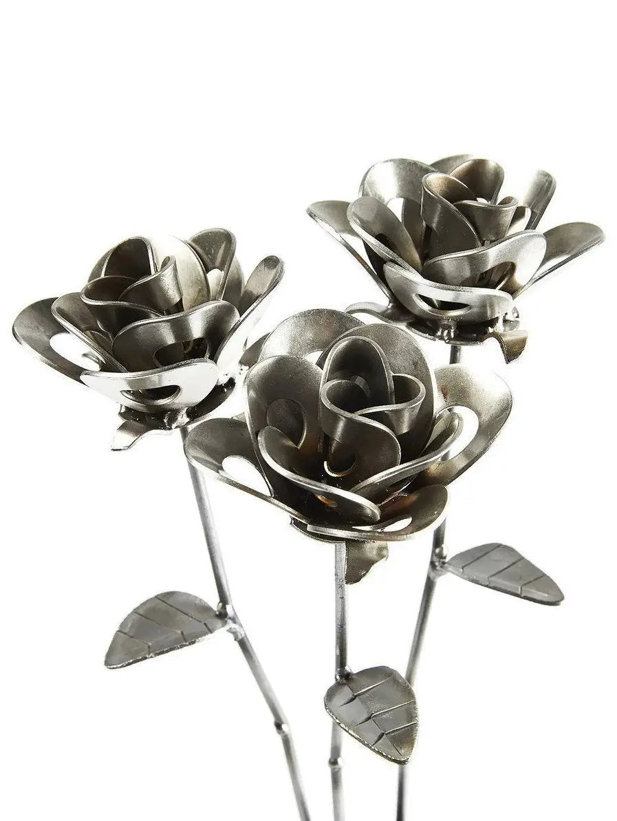 Three Metal Roses, Welded Steel Roses, Metal Immortal Roses, Steampunk Turquoise Poppy