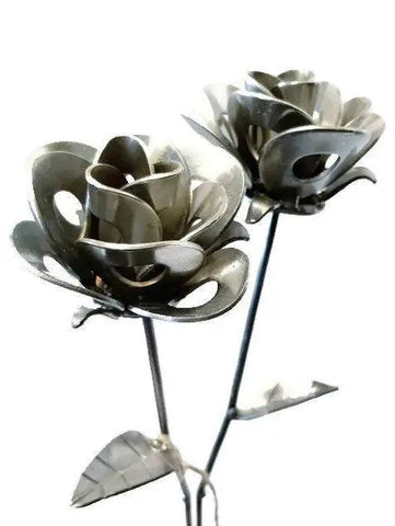 Two Metal Roses, Metal Rose Pair, Metal Rose Sculptures, Steampunk Turquoise Poppy